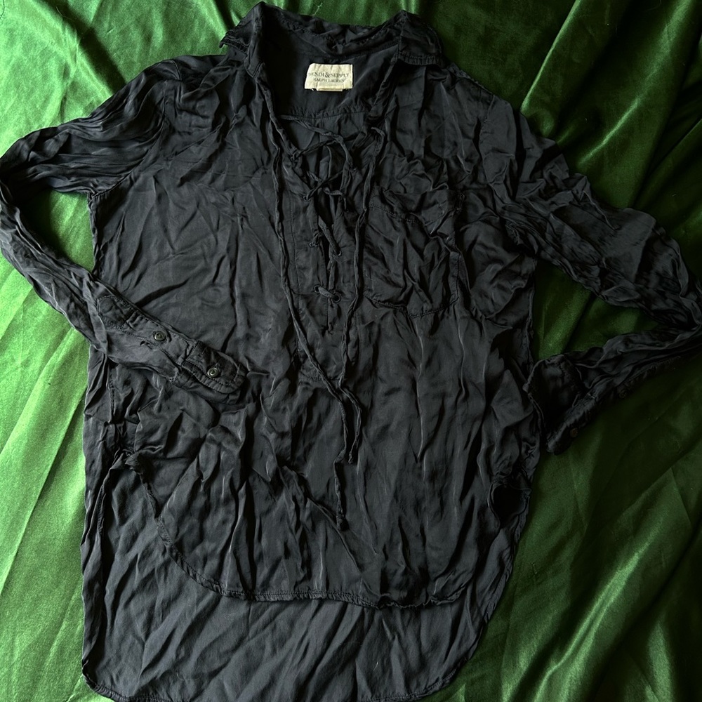 Black high low, lace-up blouse